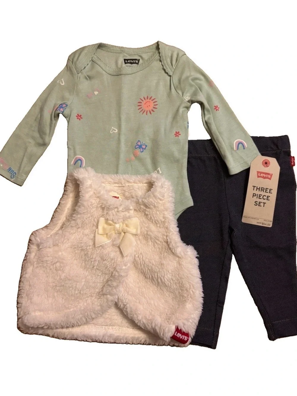 Levi's Baby Girls' 3-Piece Green Bodysuit, Cream Vest & Navy Leggings Set - 6M